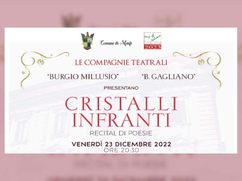 Immagine articolo: Menfi, domani presso auditorium Centro Civico Corso Palminteri “Cristalli infranti“, recital di poesie. Ingresso libero