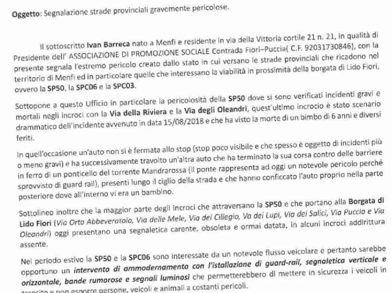 Immagine articolo: Menfi. Associazione C.da Fiori: “Ammodernate Strade provinciali“. Troppi incidenti e pericoli sulla SP50