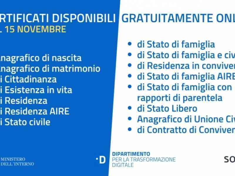 Immagine articolo: Da domani 15 novembre possibile scaricare i certificati anagrafici online in maniera autonoma e gratuita