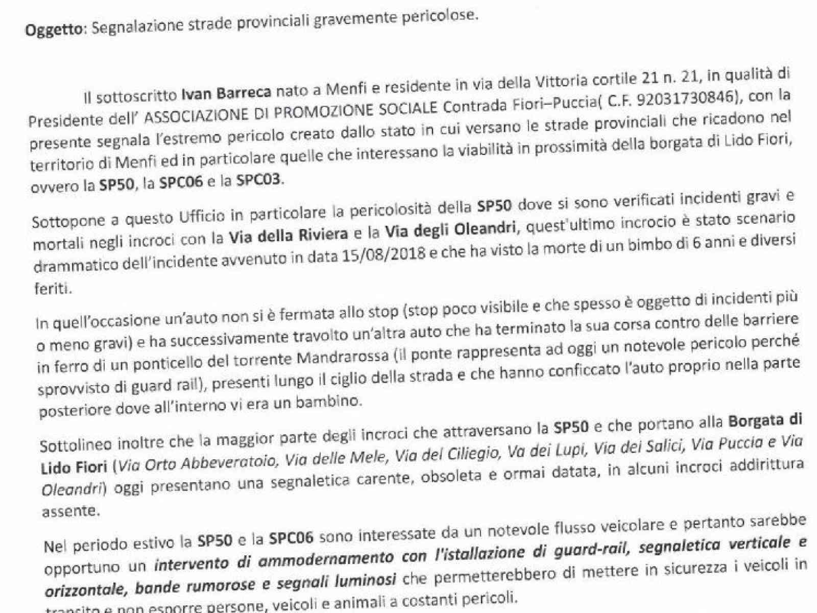 Immagine articolo: Menfi. Associazione C.da Fiori: “Ammodernate Strade provinciali“. Troppi incidenti e pericoli sulla SP50