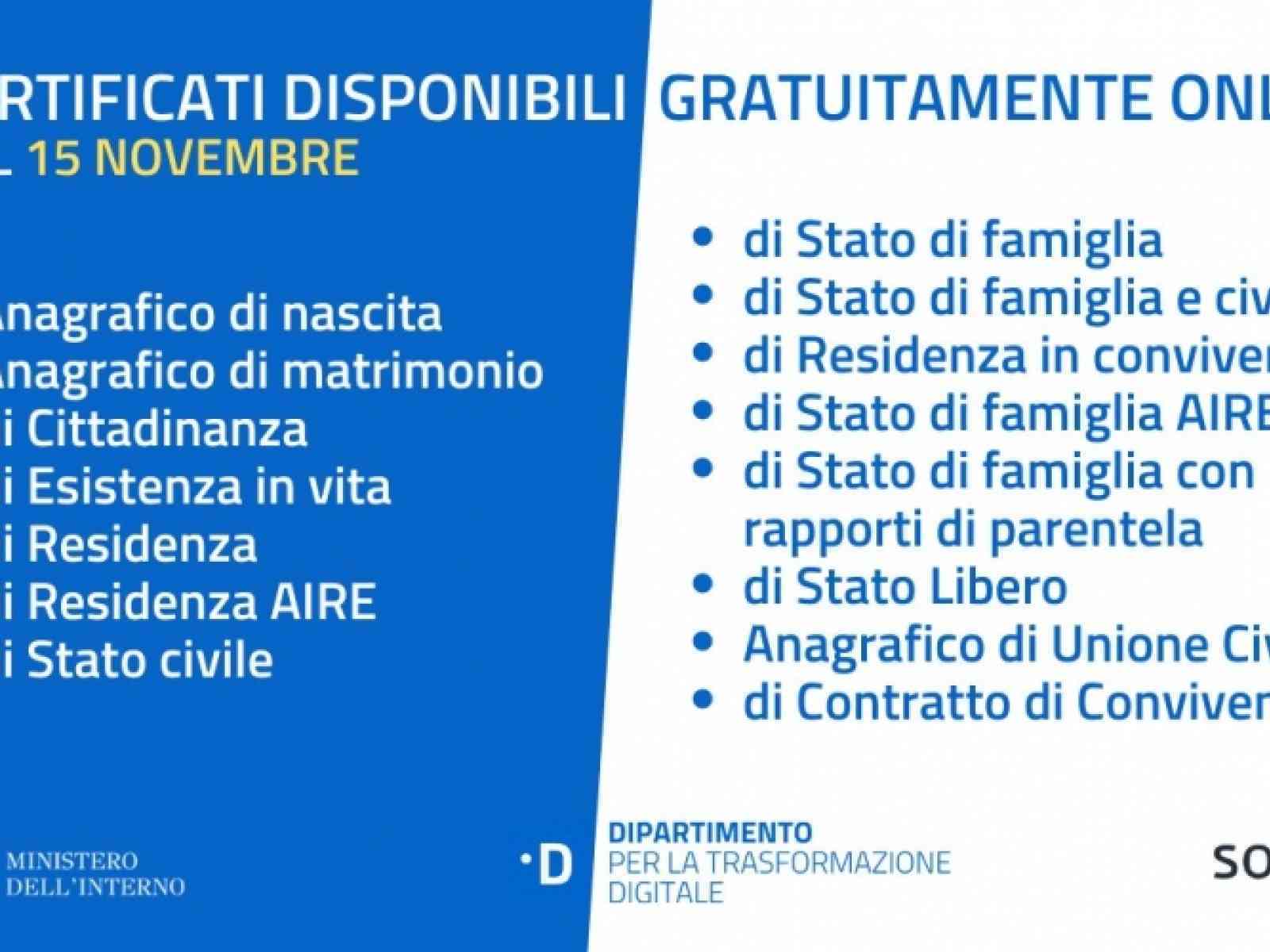 Immagine articolo: Da domani 15 novembre possibile scaricare i certificati anagrafici online in maniera autonoma e gratuita