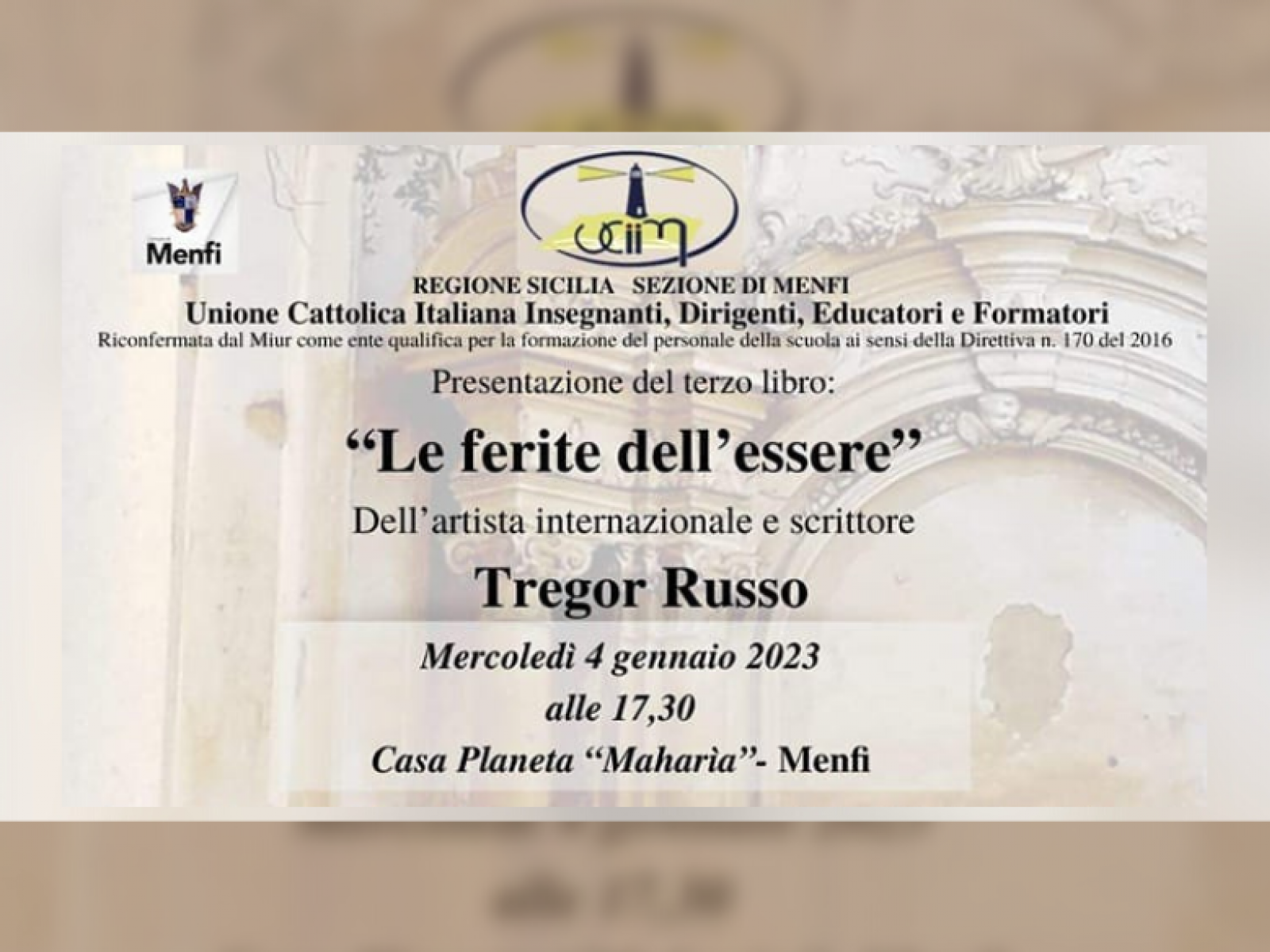 Immagine articolo: Menfi, questo pomeriggio presso Casa Planeta “Maharia“ presentazione libro “Le Ferite dell'essere“ di Tregor Russo
